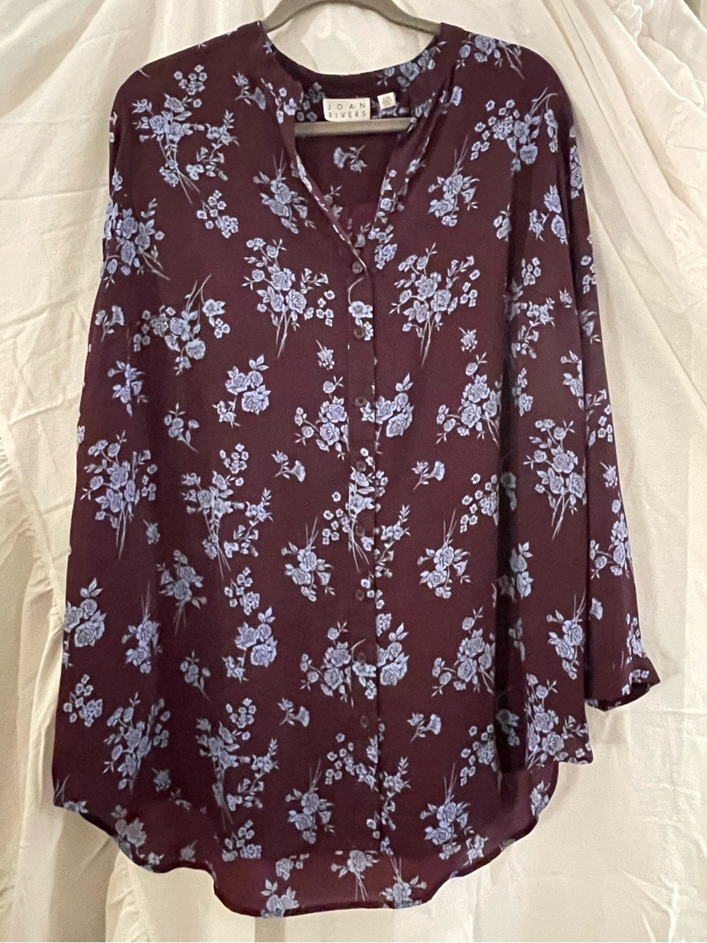 Joan Rivers Dark Plum Button-Front Blouse with Light Blue Floral Print